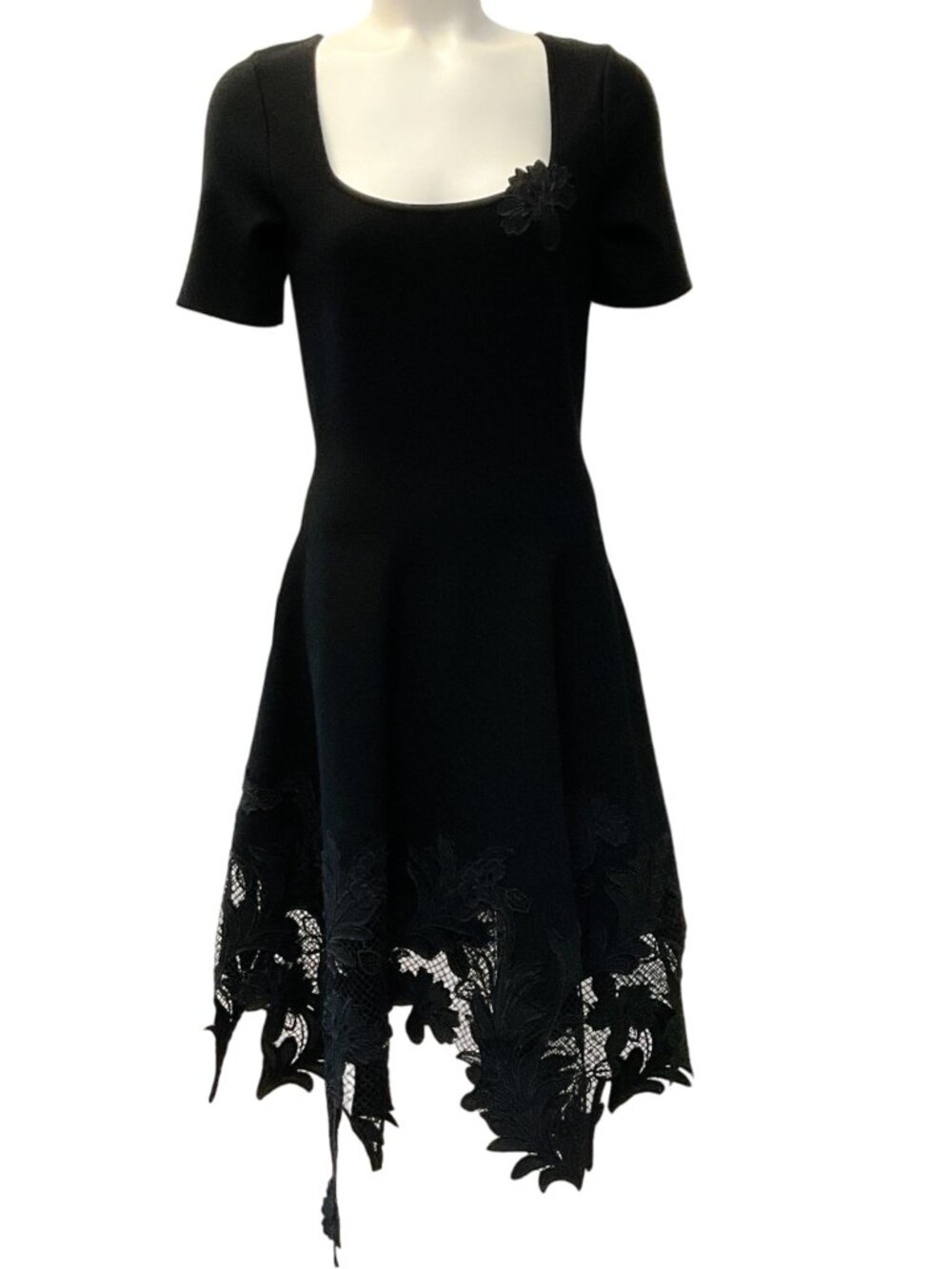 Oscar de la Renta Black Dress with Asymmetrical Floral Lace Hem